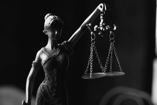 black and white image of lady justice